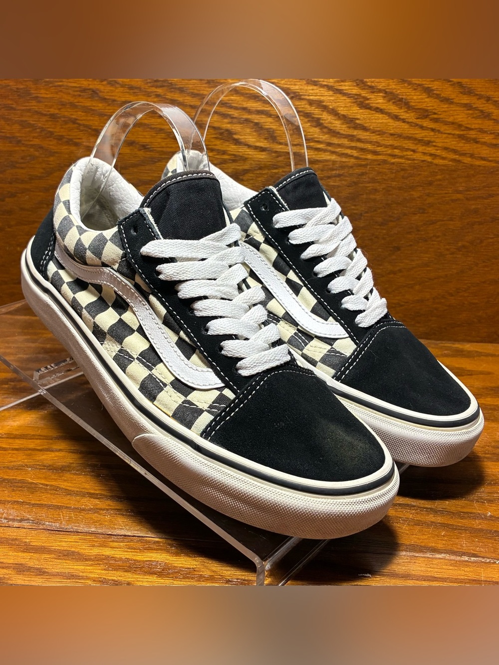 Vans Old Skool Checkerboard Canvas Suede Black White Sneakers Size W 8 / M 6.5